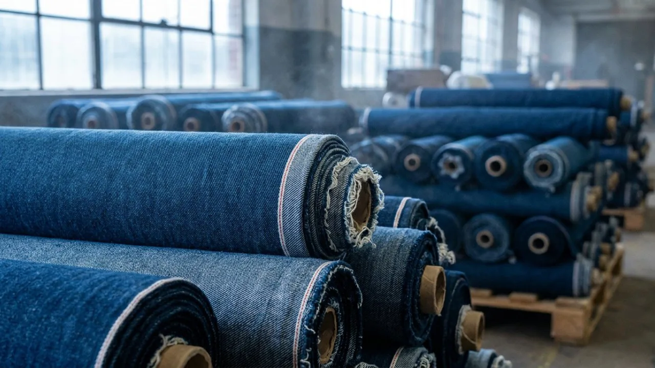 Rolls of indigo denim fabric showing the diagonal twill line and selvedge edge