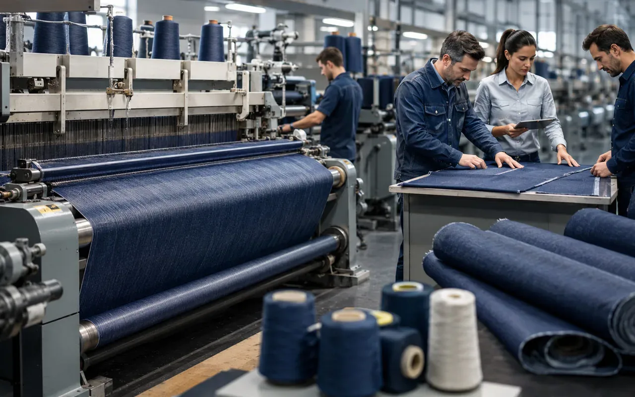 Workwear and denim fabrics being produced on a weaving loom