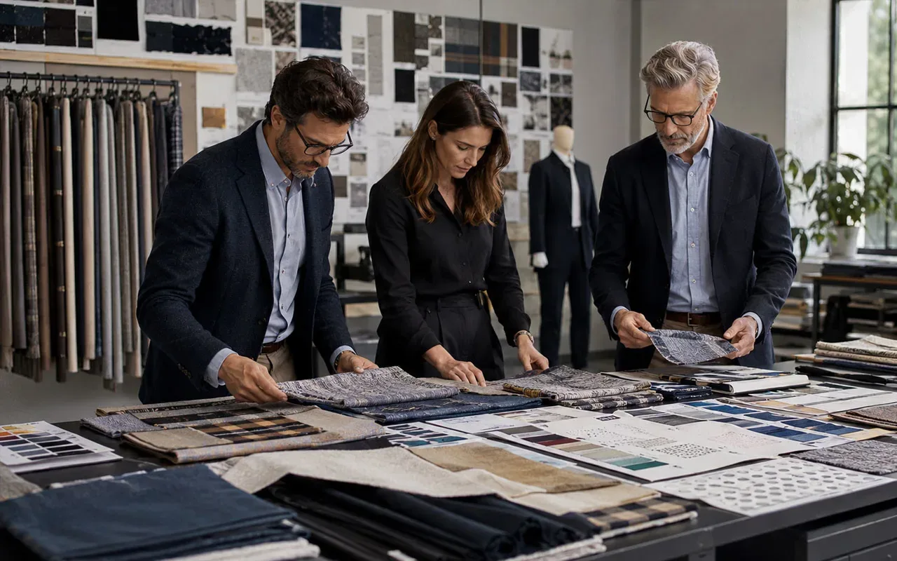 Textile production planning meeting reviewing the manufacturing schedule